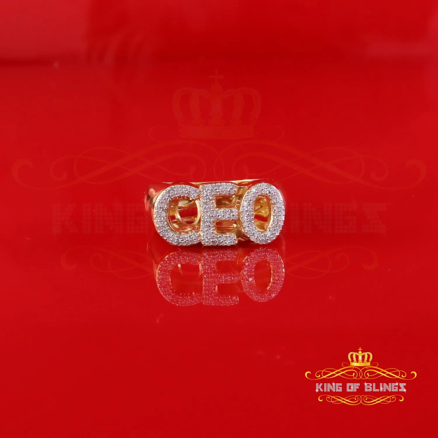 King Of Bling's 925 Sterling Yellow Silver Metal with 0.40ct Real Diamond Men's "CEO" Ring SZ 8