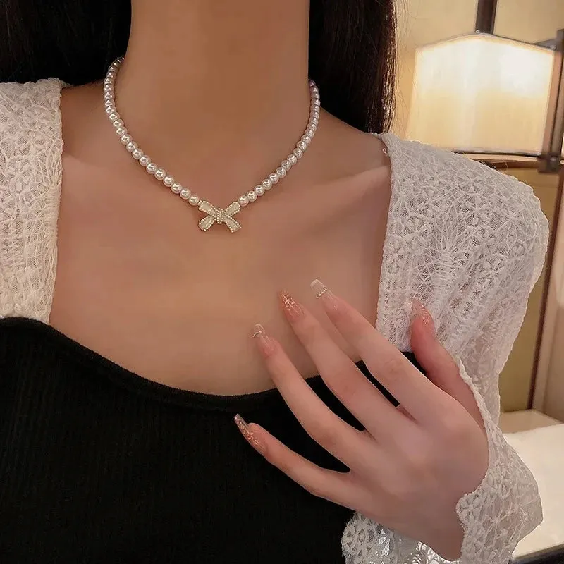 Kpop Vintage Love Heart Pendant Choker Necklace For Women Zircon Pearl Chain Party Aesthetic Jewelry Christmas Gift Hot Sale