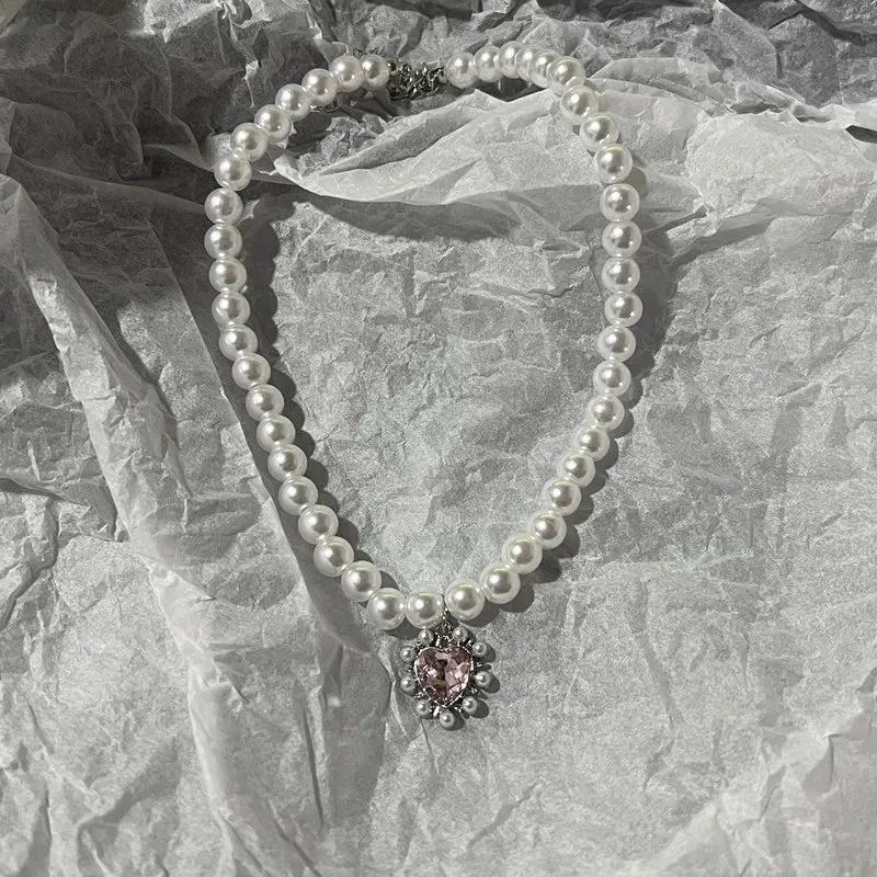 Kpop Vintage Love Heart Pendant Choker Necklace For Women Zircon Pearl Chain Party Aesthetic Jewelry Christmas Gift Hot Sale