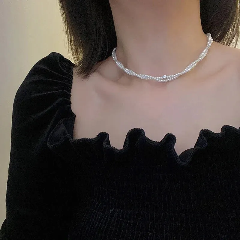 Kpop Vintage Love Heart Pendant Choker Necklace For Women Zircon Pearl Chain Party Aesthetic Jewelry Christmas Gift Hot Sale