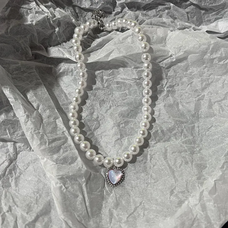 Kpop Vintage Love Heart Pendant Choker Necklace For Women Zircon Pearl Chain Party Aesthetic Jewelry Christmas Gift Hot Sale
