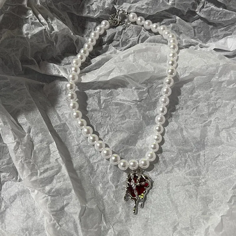Kpop Vintage Love Heart Pendant Choker Necklace For Women Zircon Pearl Chain Party Aesthetic Jewelry Christmas Gift Hot Sale