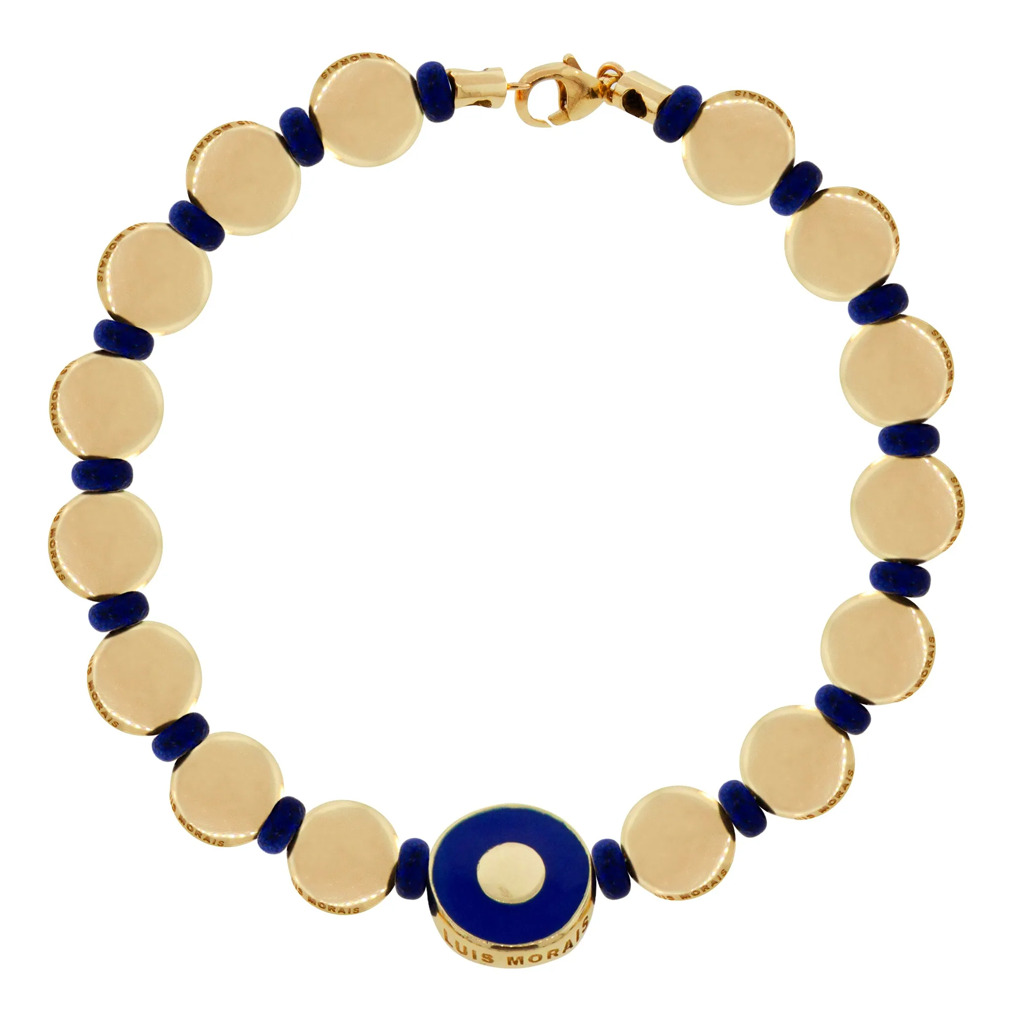 Large Enameled Evil Eye Gold Disk Bracelet- Blue