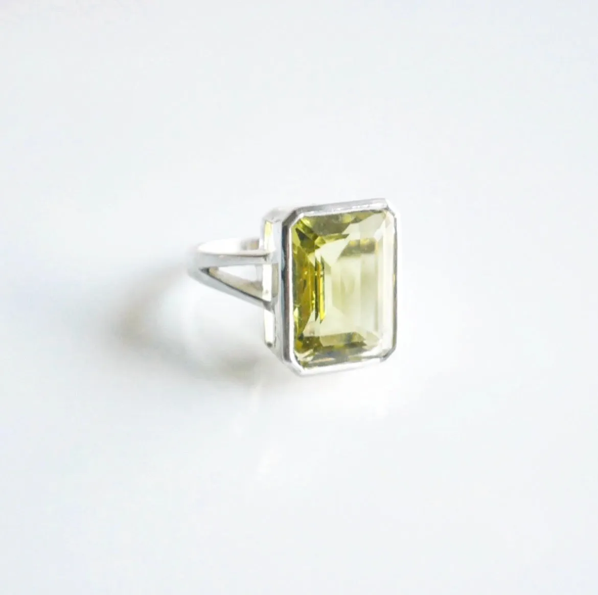 Lemon Quartz Silver Ring, .925 Sterling Silver Natural Gemstone Emerald Cut Cocktail  Statement Ring