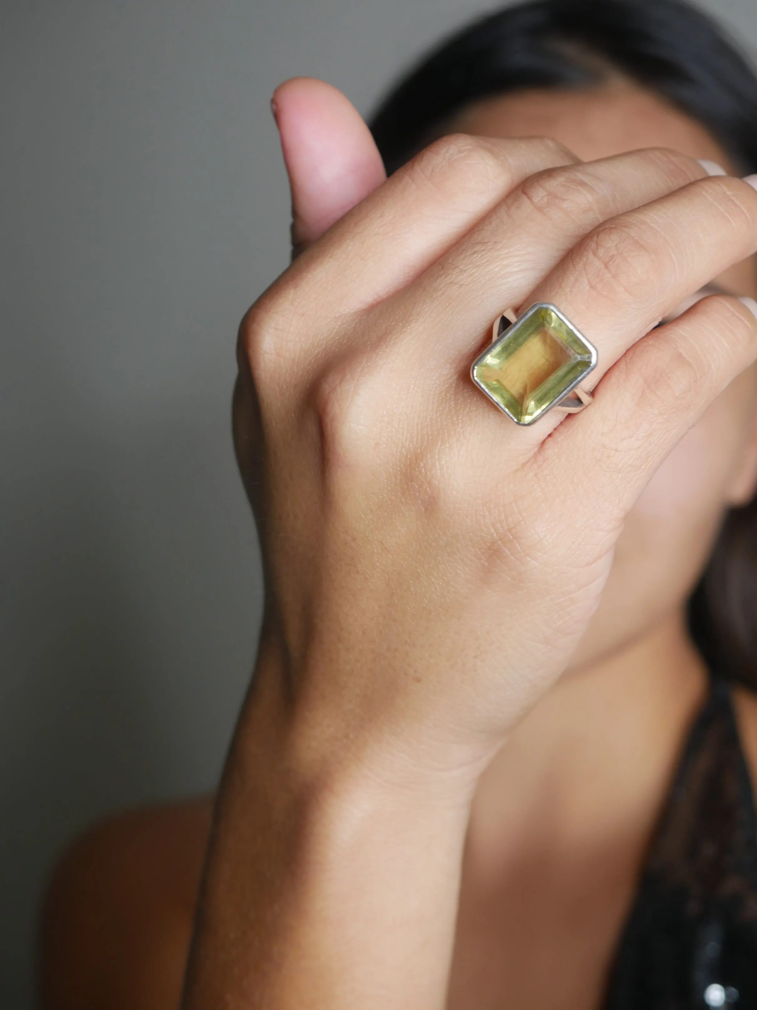 Lemon Quartz Silver Ring, .925 Sterling Silver Natural Gemstone Emerald Cut Cocktail  Statement Ring