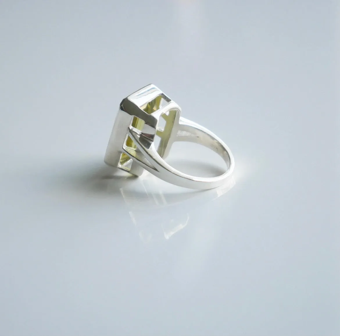 Lemon Quartz Silver Ring, .925 Sterling Silver Natural Gemstone Emerald Cut Cocktail  Statement Ring