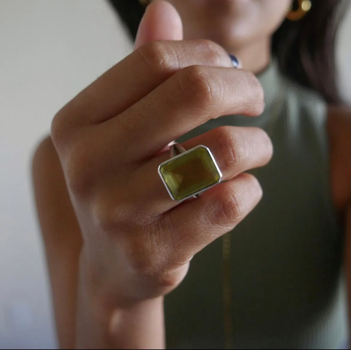 Lemon Quartz Silver Ring, .925 Sterling Silver Natural Gemstone Emerald Cut Cocktail  Statement Ring