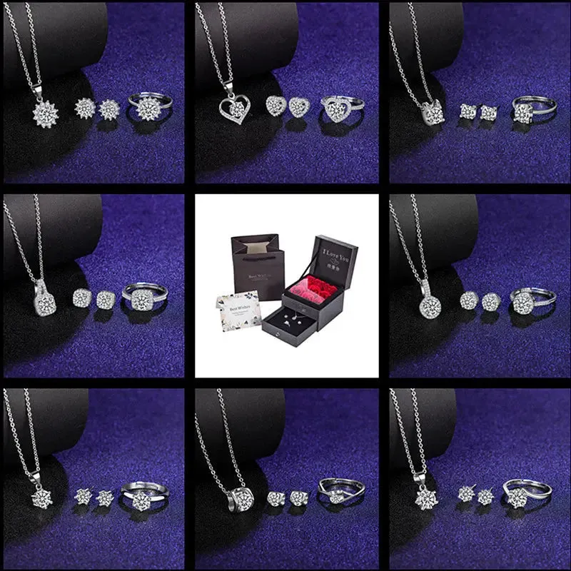 Moissanite Ring Stud Necklace Jewelry Set