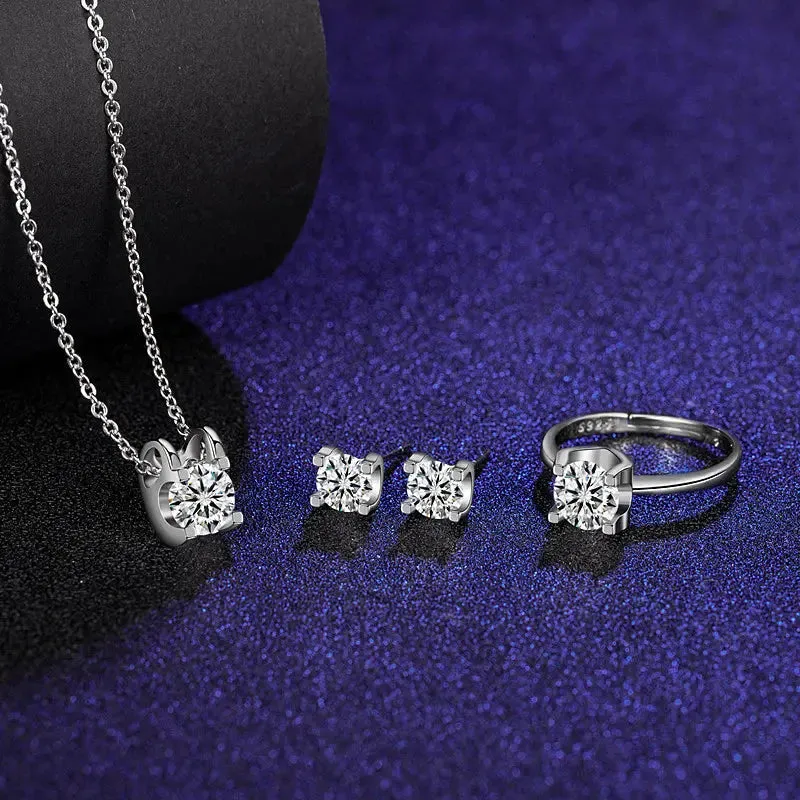 Moissanite Ring Stud Necklace Jewelry Set