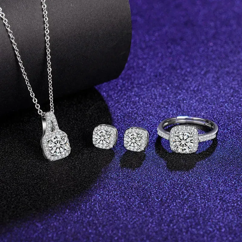 Moissanite Ring Stud Necklace Jewelry Set
