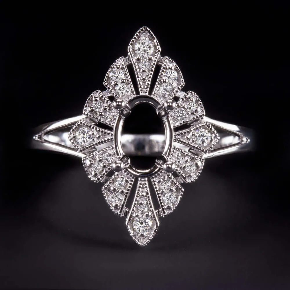NATURAL DIAMOND DECO RING 7x5 OVAL SETTING ENGAGEMENT VINTAGE STYLE SEMI MOUNT