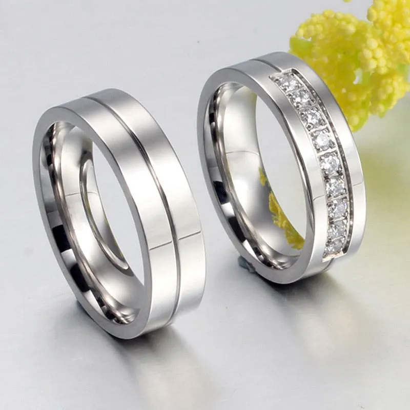 New Couple Engagement Ring Lovers Rings for Women and Men Stainless Steel Jewelry AAA  CZ Stone Wedding Band Never Fade or Rust