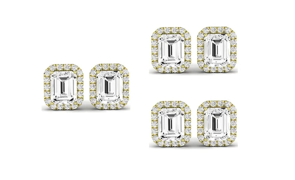 Paris jewelry 14k Yellow Gold 1Ct Emerald Cut White Sapphire Set Of Three Halo Stud Earrings Plated