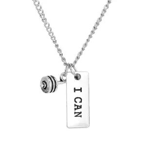 "I Can" Barbell Rectangle Message Unisex Pendant Necklace Hot Inspirational Silver Men/Women Necklace Gifts