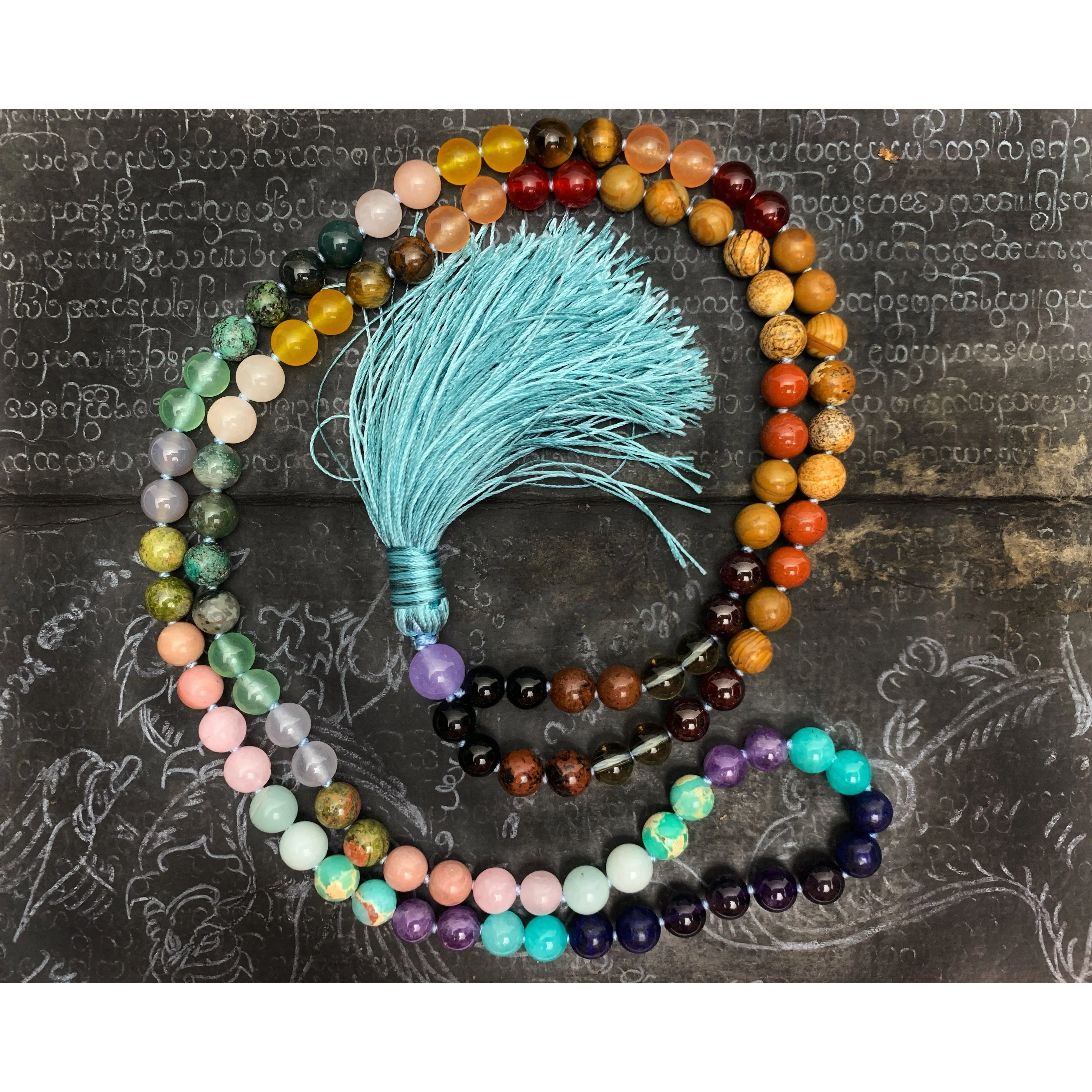 Rainbow Gemstone 8mm Knotted Mala with Silk Tassel # 64