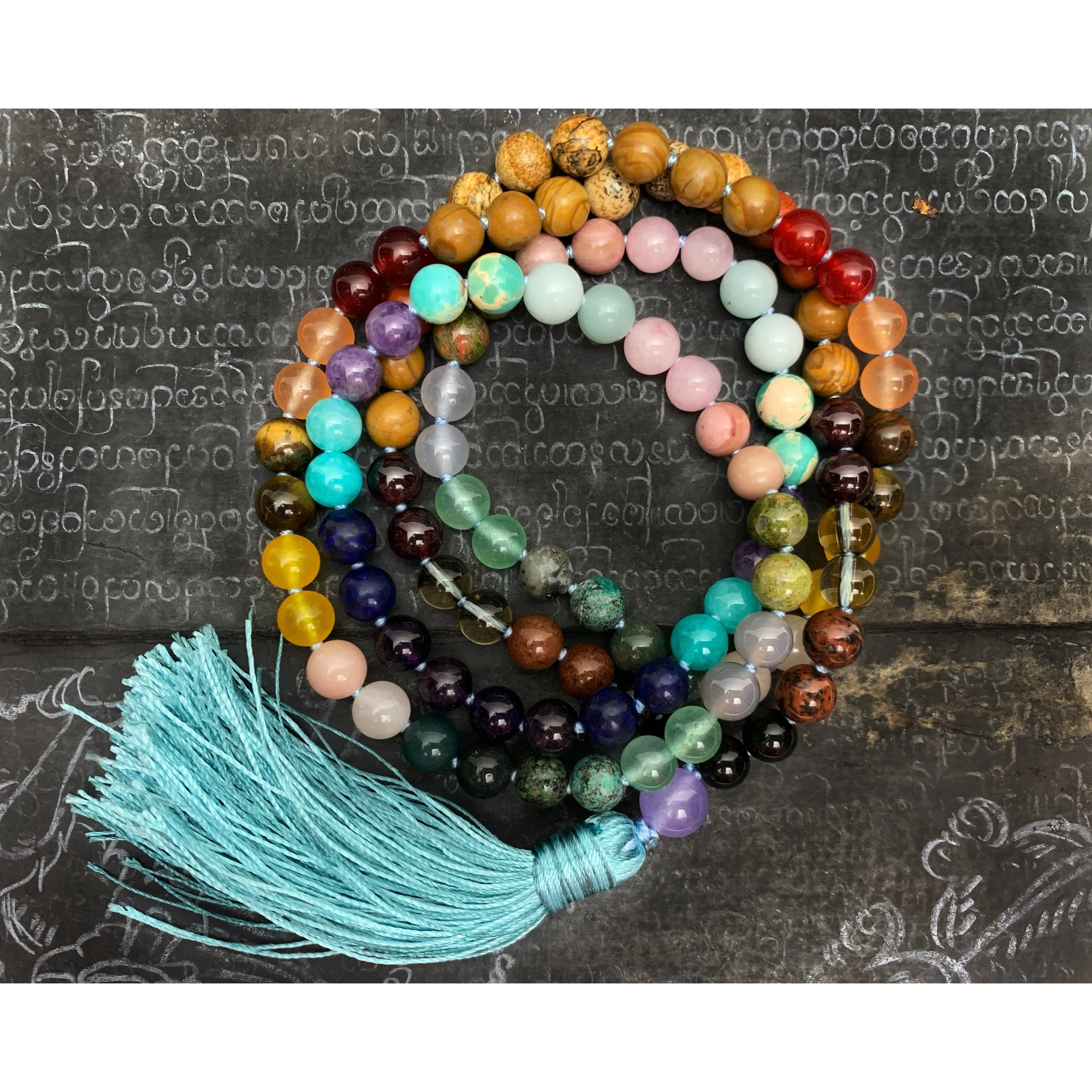 Rainbow Gemstone 8mm Knotted Mala with Silk Tassel # 64
