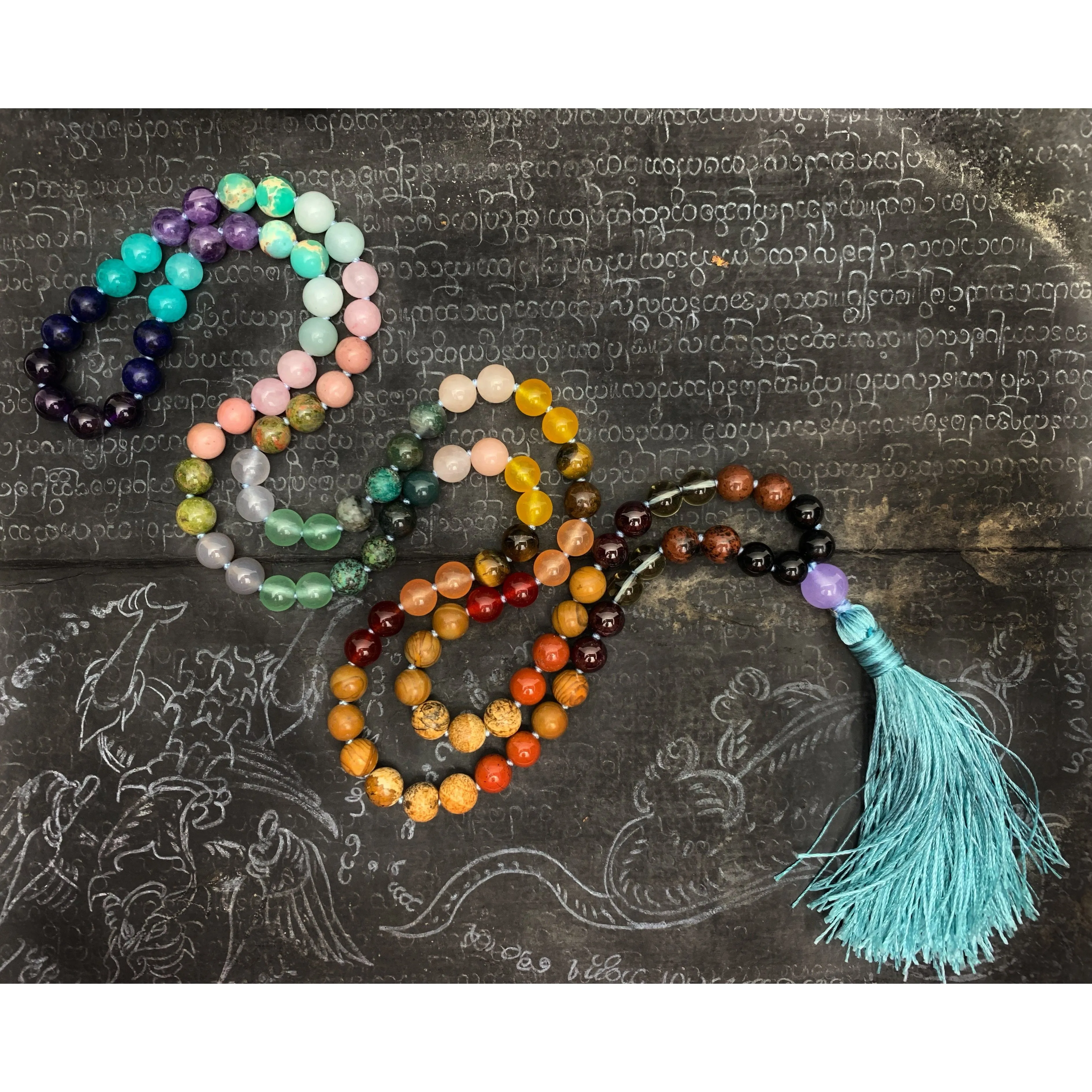 Rainbow Gemstone 8mm Knotted Mala with Silk Tassel # 64