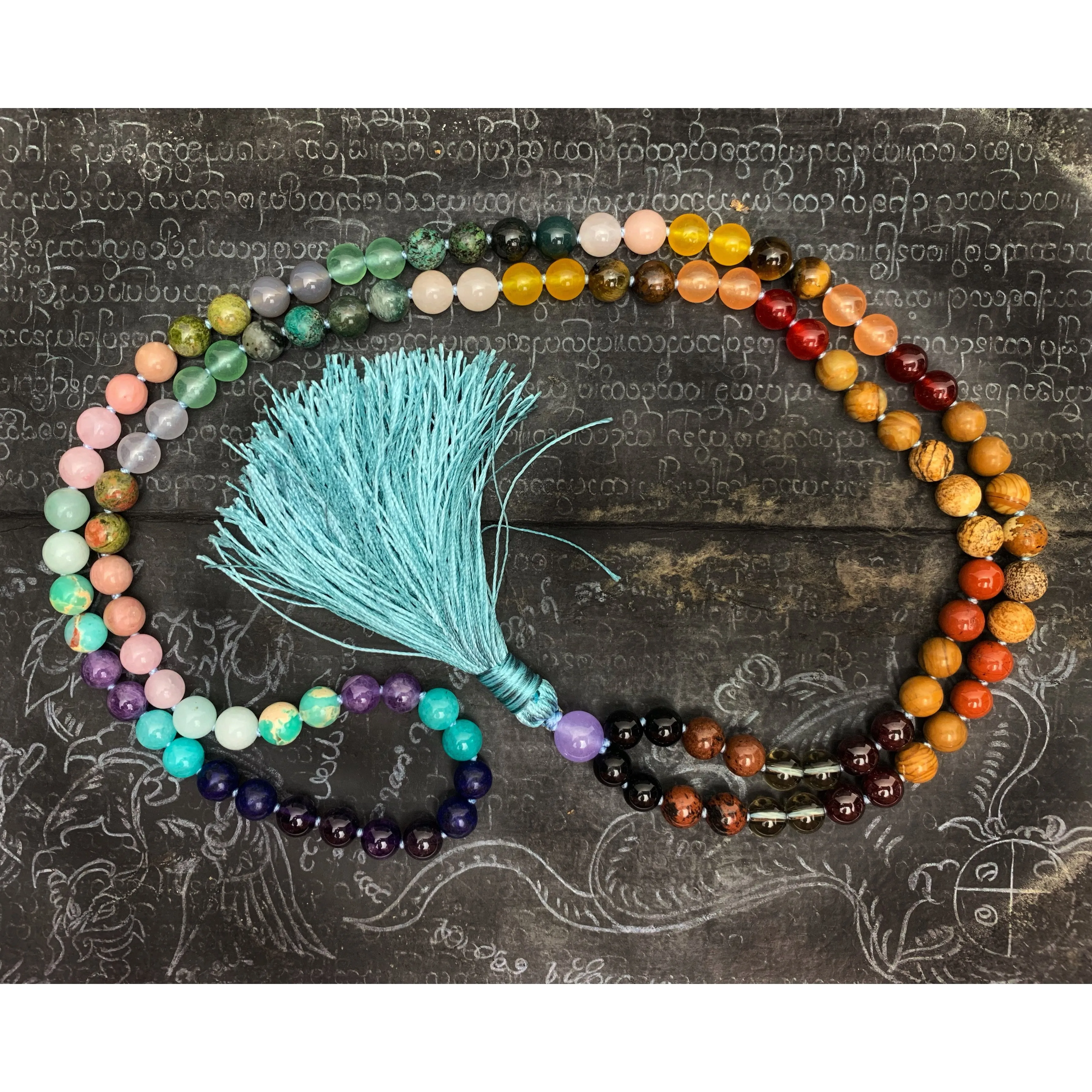 Rainbow Gemstone 8mm Knotted Mala with Silk Tassel # 64