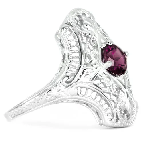 RHODOLITE GARNET STERLING SILVER VINTAGE STYLE COCKTAIL RING ART DECO FILIGREE
