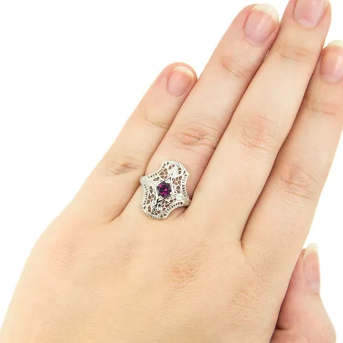 RHODOLITE GARNET STERLING SILVER VINTAGE STYLE COCKTAIL RING ART DECO FILIGREE