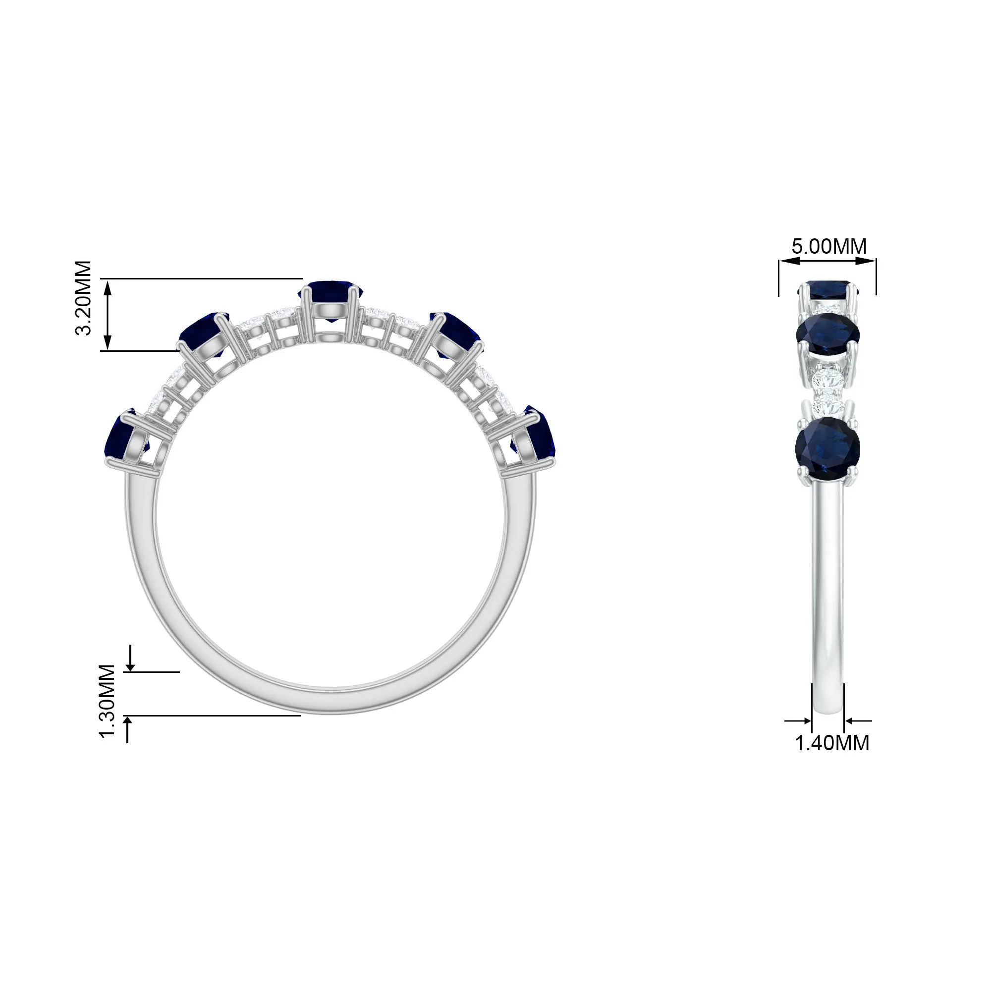 Round Blue Sapphire and Diamond Half Eternity Ring