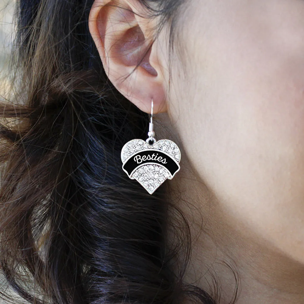 Silver Black and White Besties Pave Heart Charm Dangle Earrings