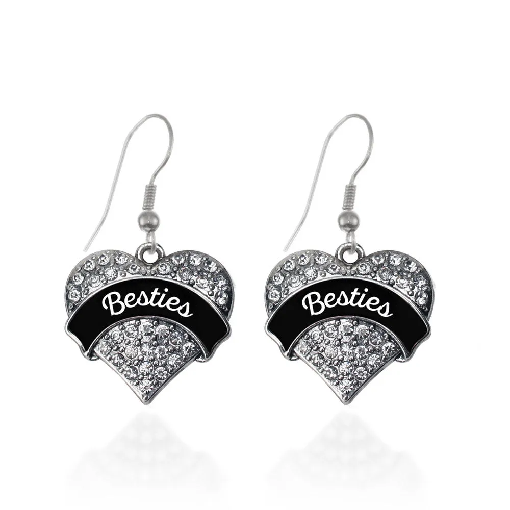 Silver Black and White Besties Pave Heart Charm Dangle Earrings