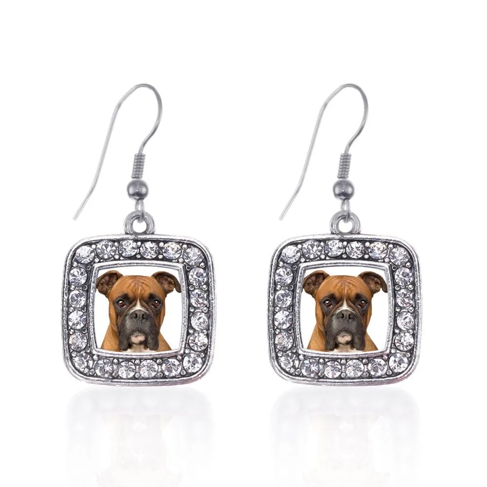 Silver Boxer Face Square Charm Dangle Earrings