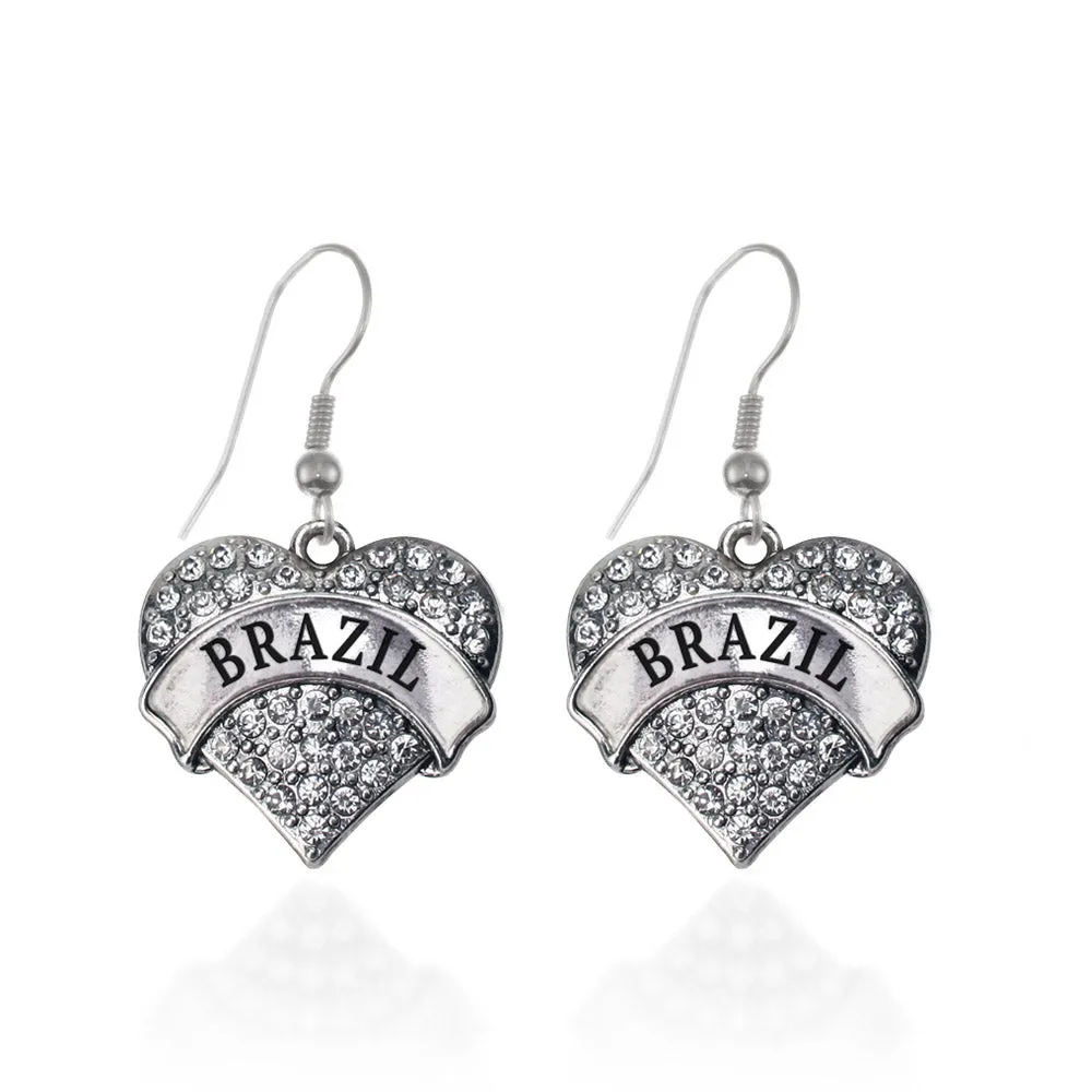 Silver Brazil Pave Heart Charm Dangle Earrings