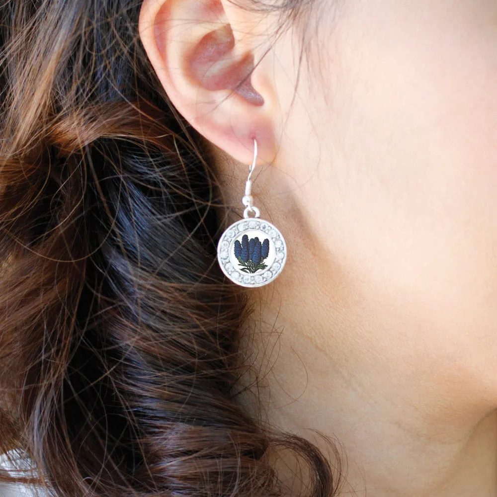 Silver Delphinium Flower Circle Charm Dangle Earrings