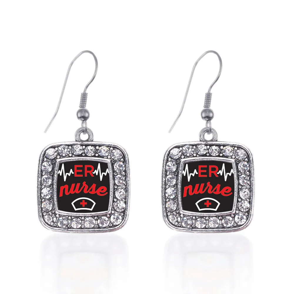 Silver ER Nurse Square Charm Dangle Earrings
