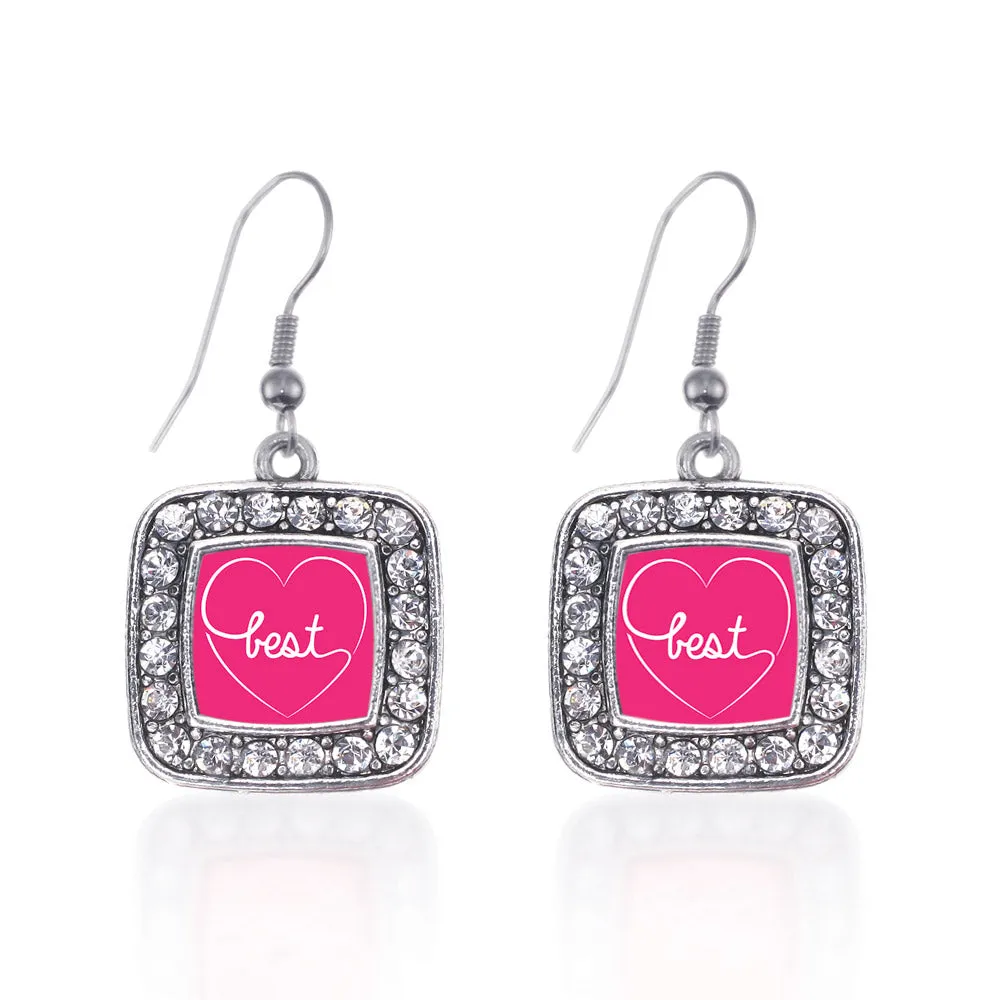 Silver Heart Best Square Charm Dangle Earrings