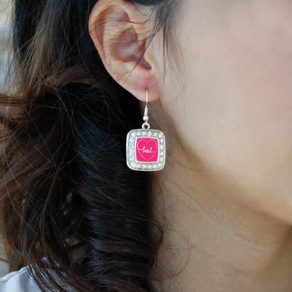 Silver Heart Best Square Charm Dangle Earrings