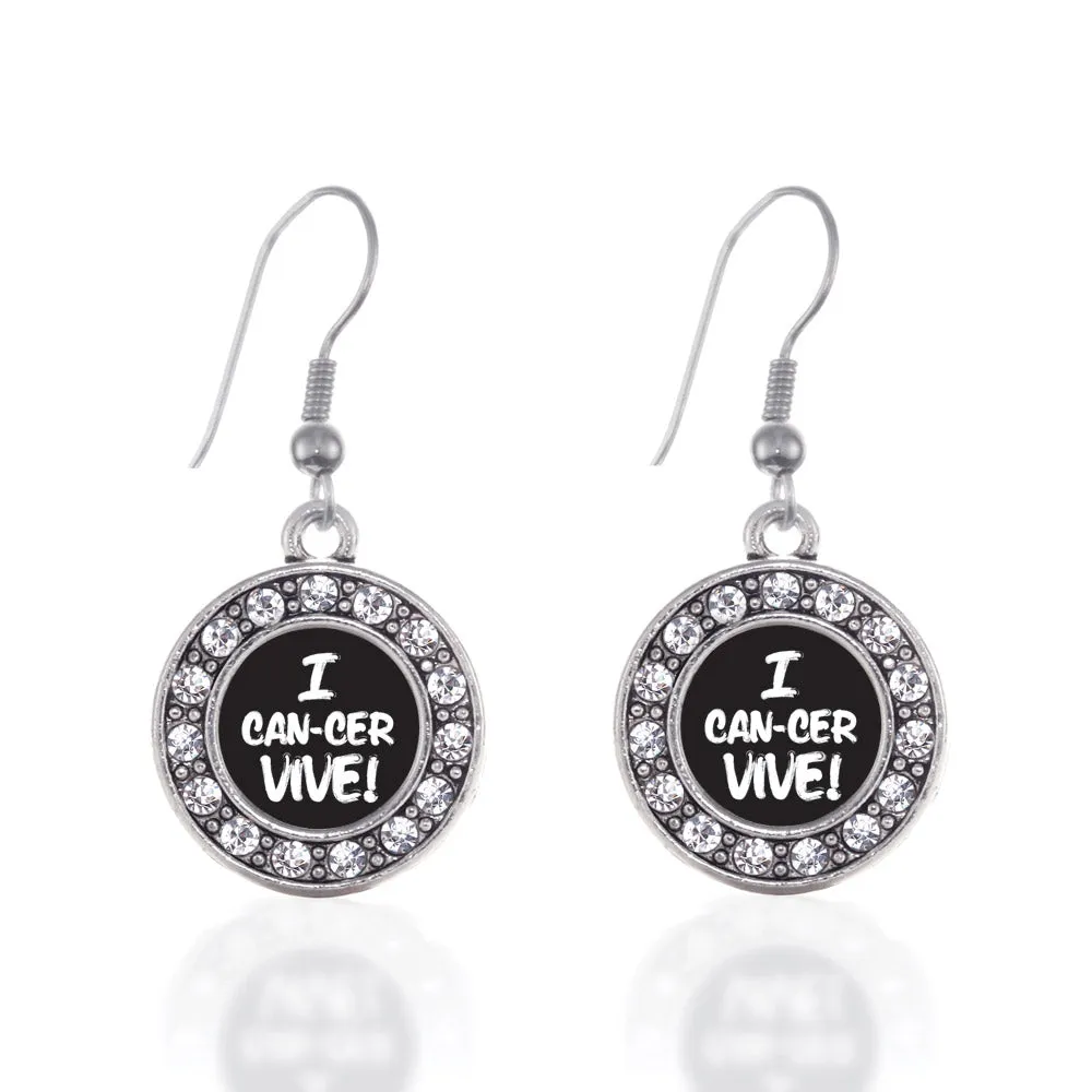 Silver I Can-Cer-Vive Circle Charm Dangle Earrings