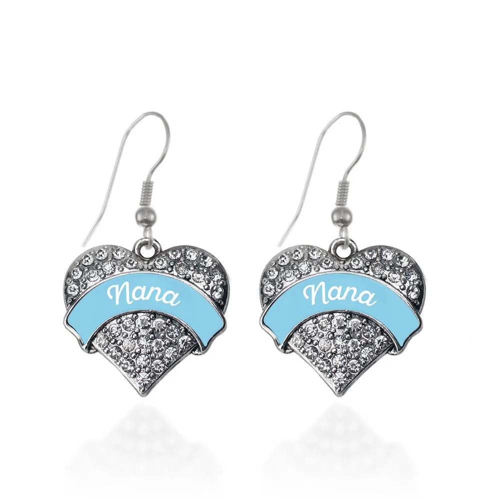 Silver Light Blue Nana Pave Heart Charm Dangle Earrings