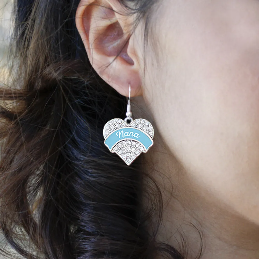Silver Light Blue Nana Pave Heart Charm Dangle Earrings