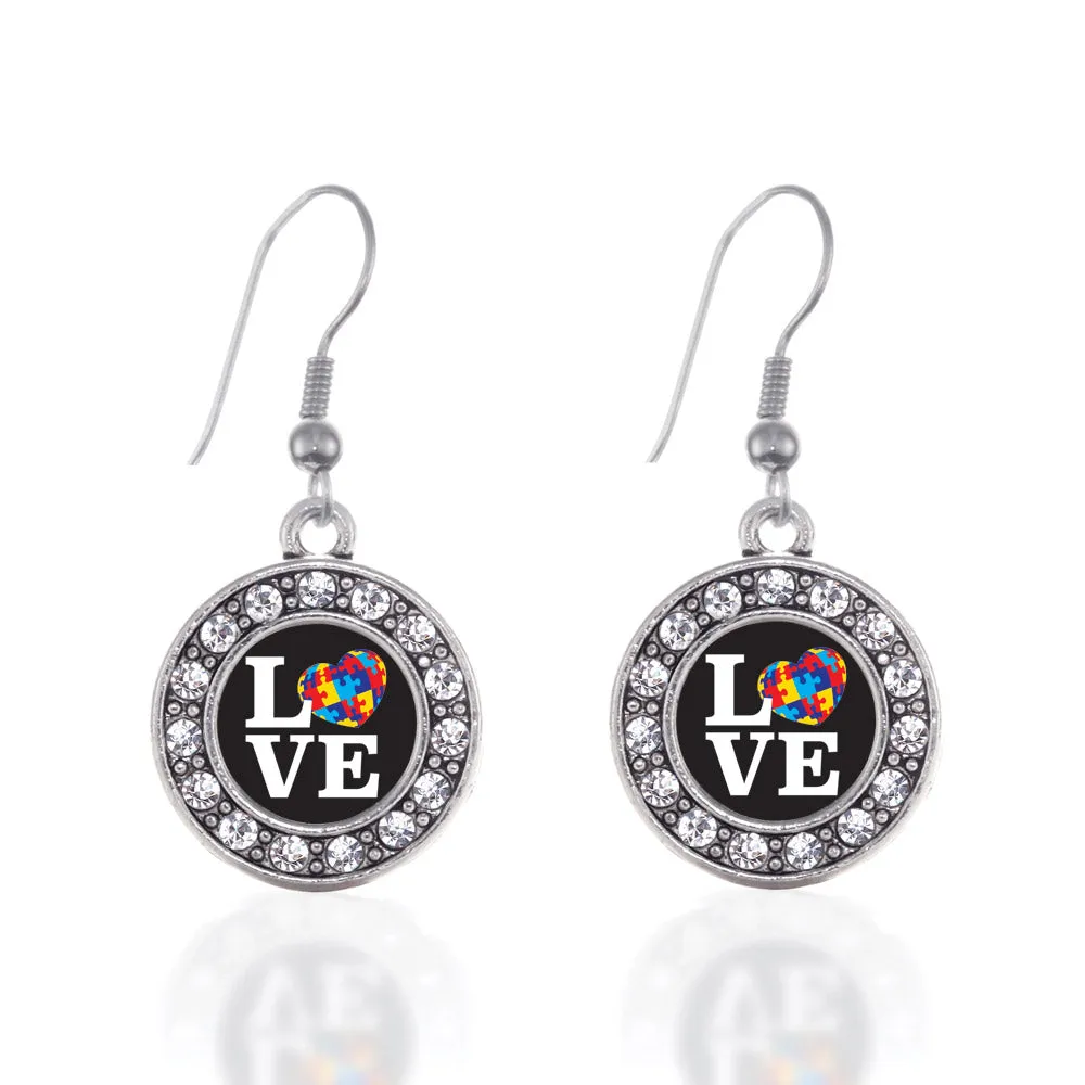 Silver Love Autism Awareness Circle Charm Dangle Earrings