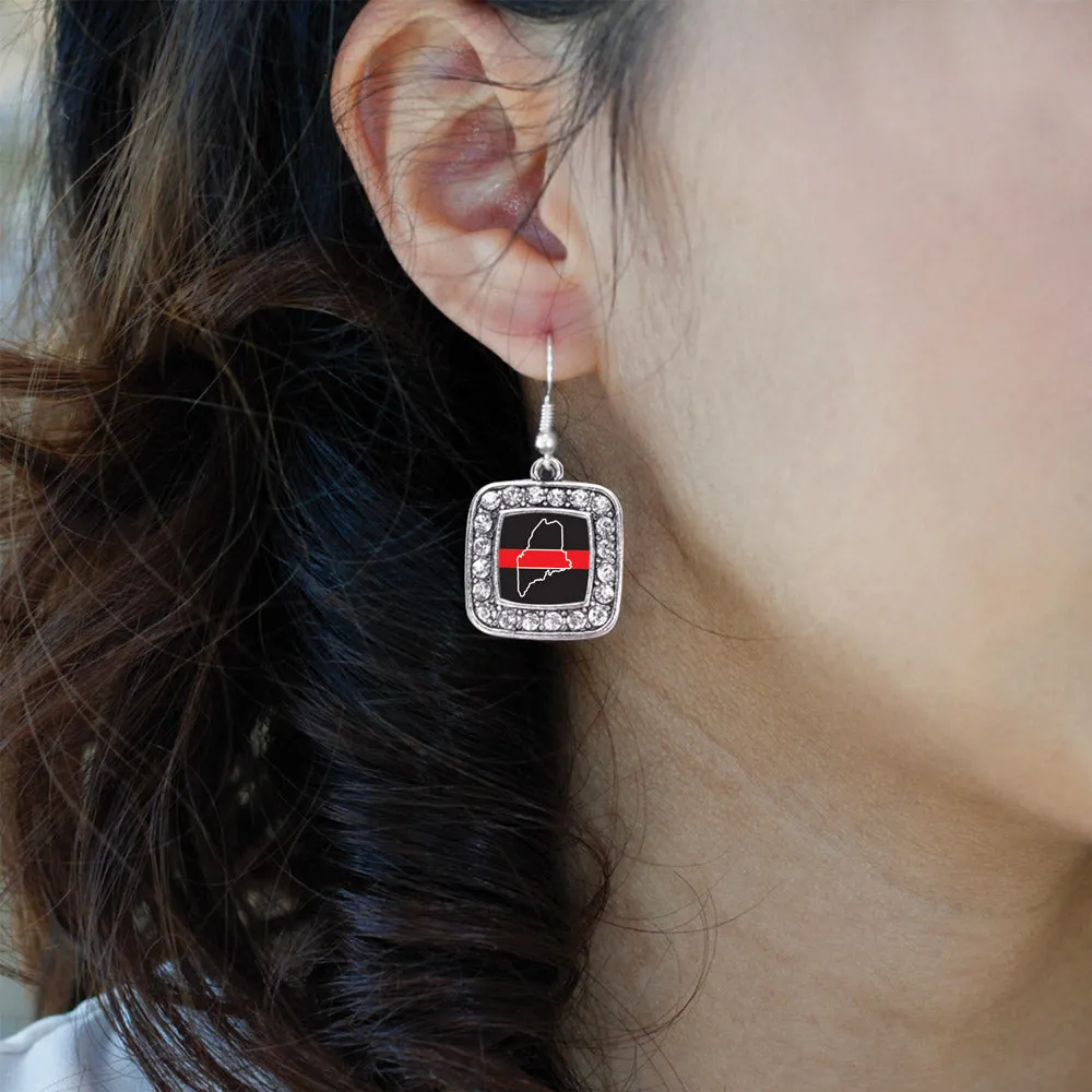 Silver Maine Thin Red Line Square Charm Dangle Earrings