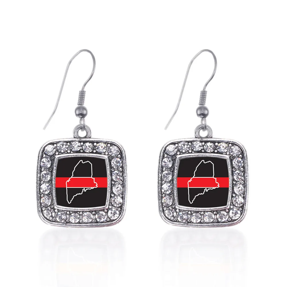 Silver Maine Thin Red Line Square Charm Dangle Earrings