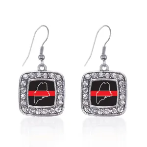 Silver Maine Thin Red Line Square Charm Dangle Earrings