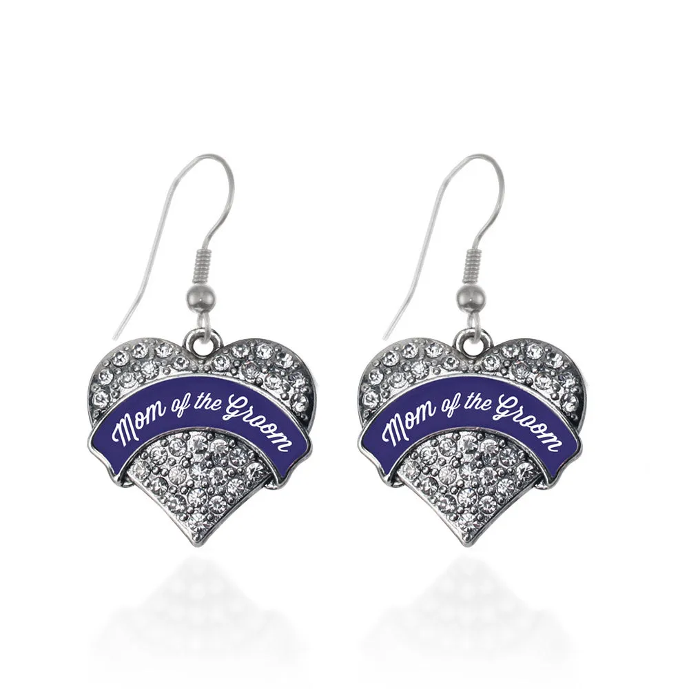 Silver Navy Blue Mom of the Groom Pave Heart Charm Dangle Earrings