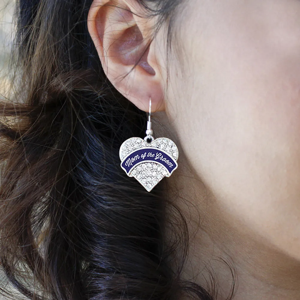 Silver Navy Blue Mom of the Groom Pave Heart Charm Dangle Earrings