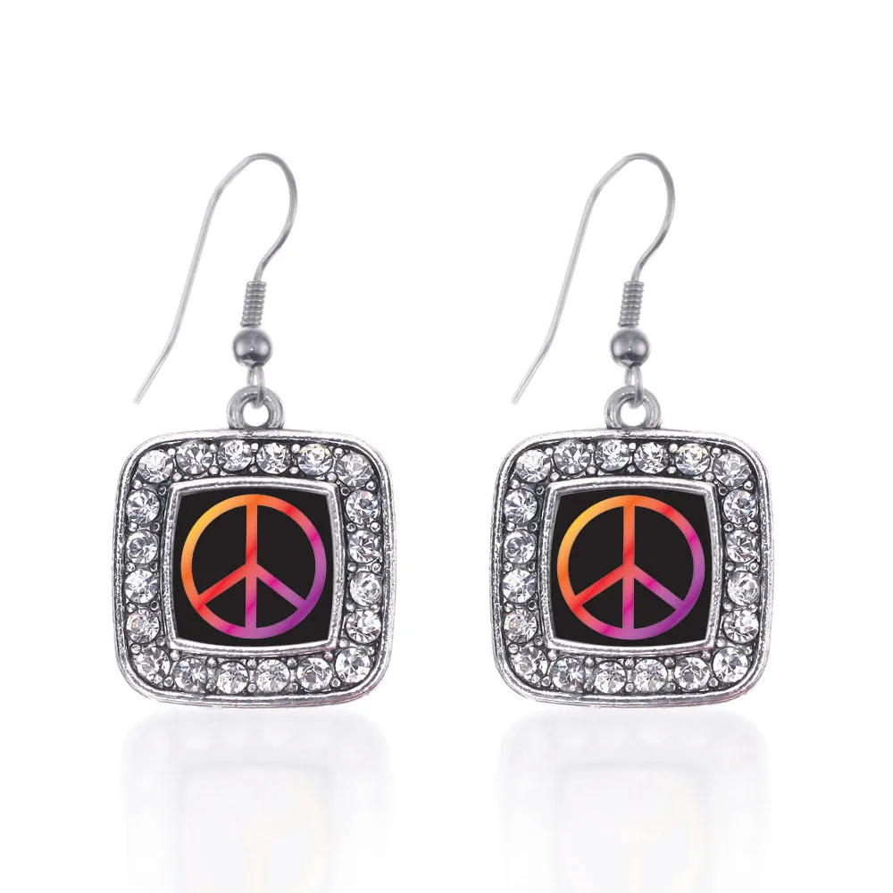 Silver Peace Square Charm Dangle Earrings