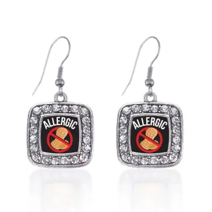 Silver Peanut Allergy Square Charm Dangle Earrings