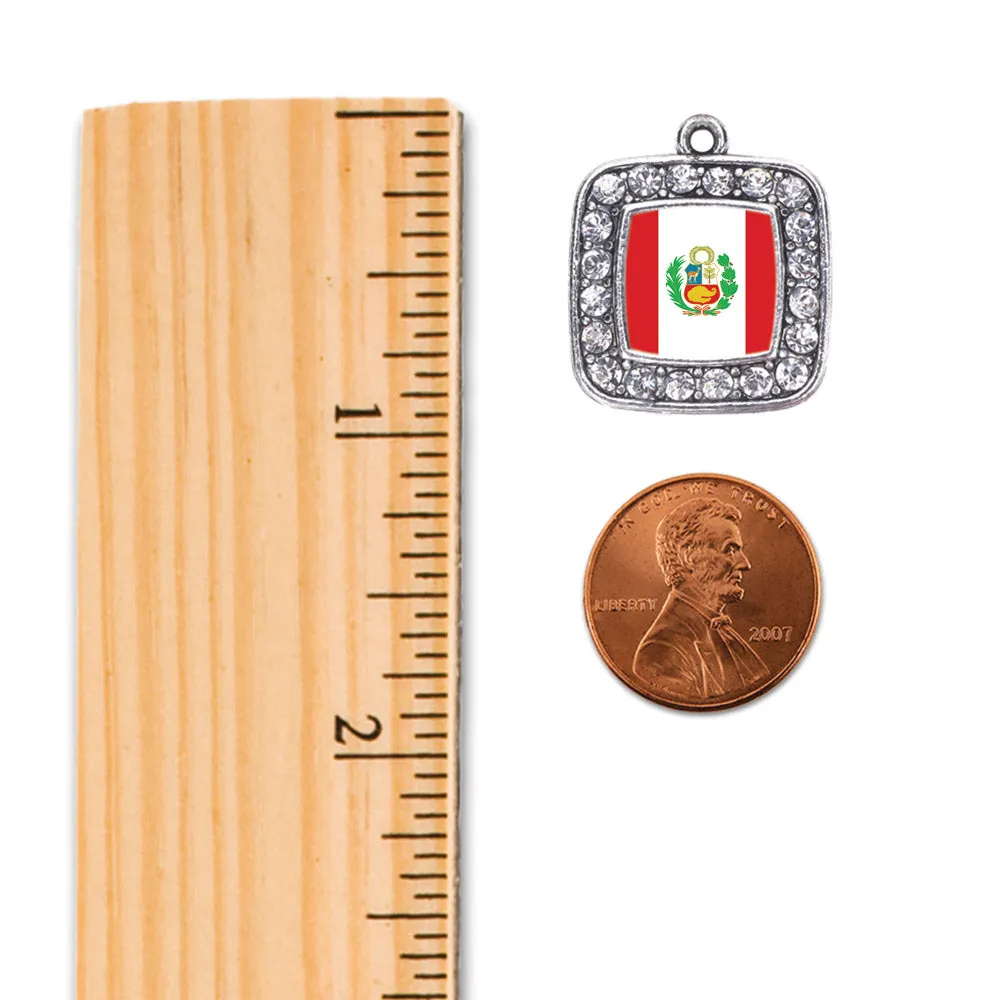 Silver Peru Flag Square Charm Dangle Earrings