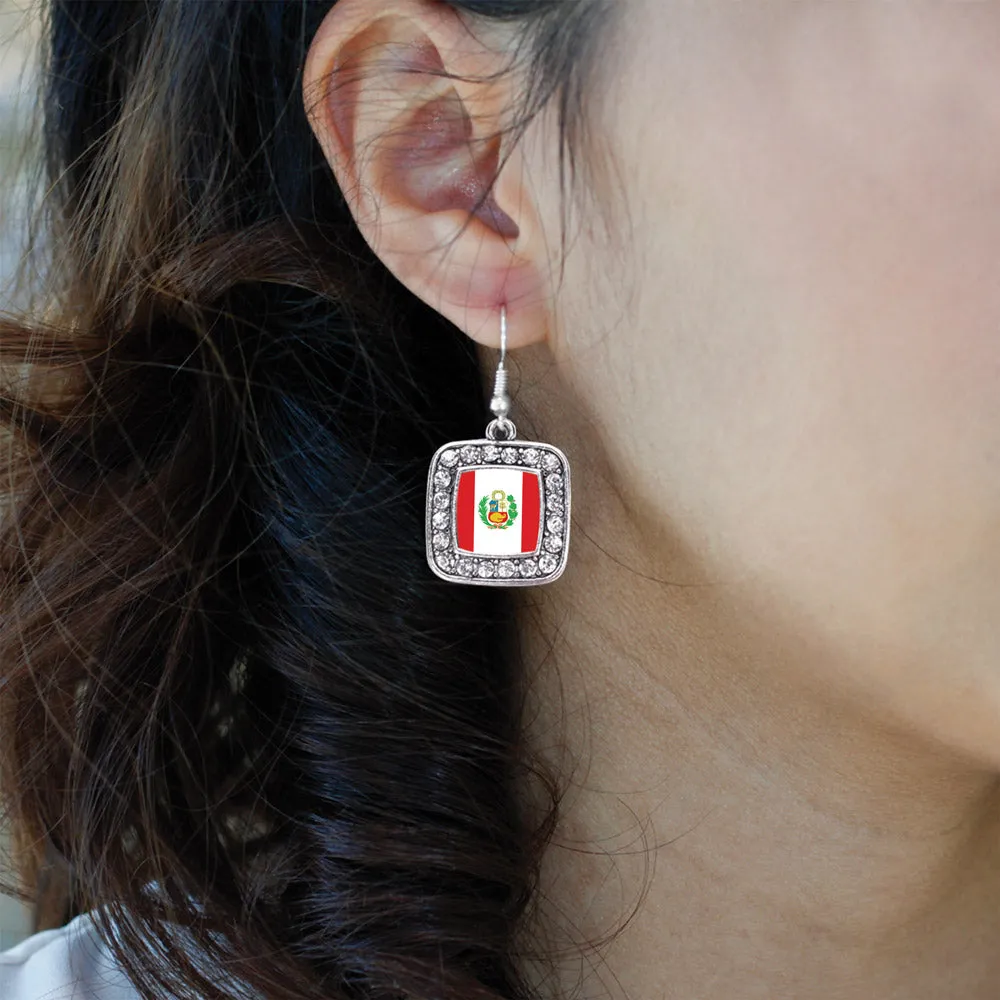 Silver Peru Flag Square Charm Dangle Earrings