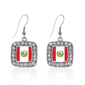 Silver Peru Flag Square Charm Dangle Earrings