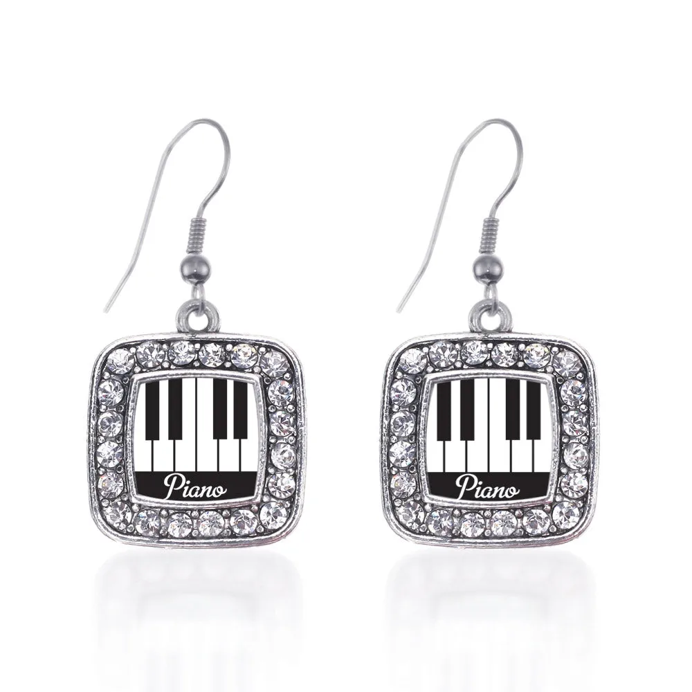 Silver Piano Lovers Square Charm Dangle Earrings