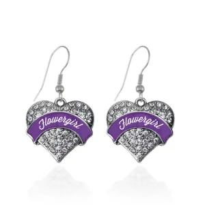 Silver Purple Flower Girl Pave Heart Charm Dangle Earrings