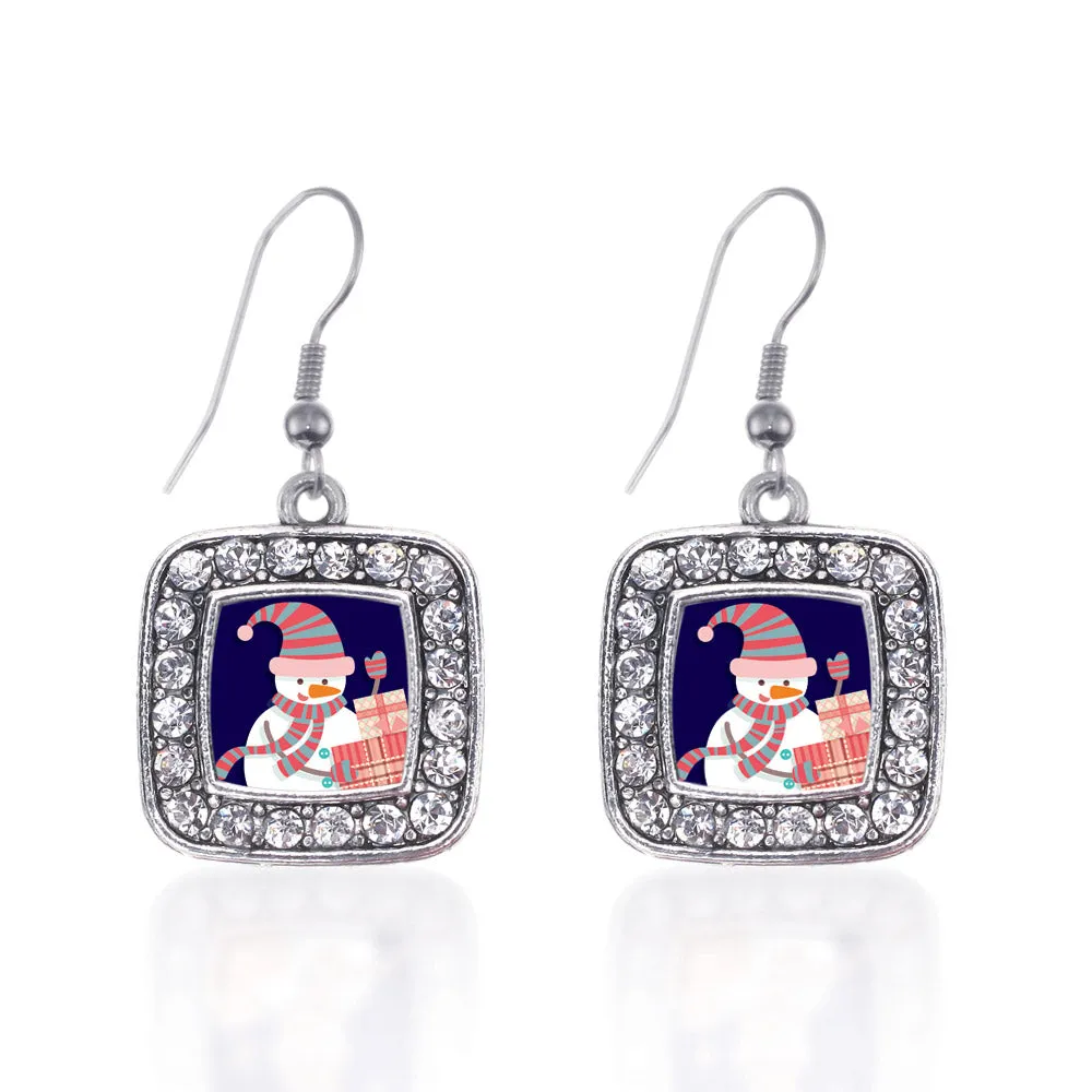 Silver Snowman Square Charm Dangle Earrings